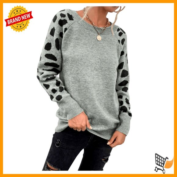 Sweaters - Leopard Print Crewneck Sweater Long Sleeve Knit Pullover Fall Casual Top